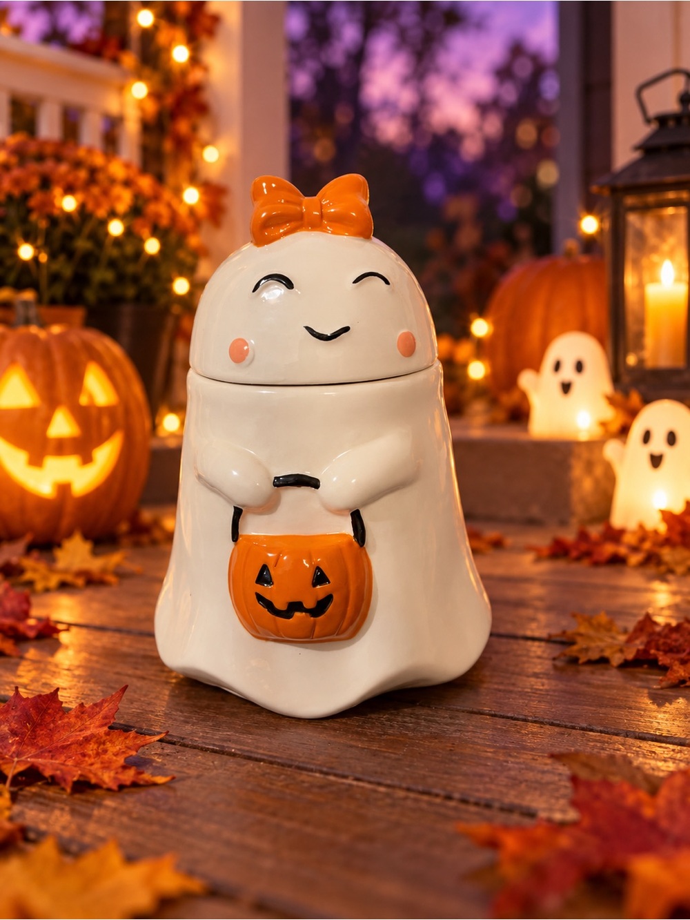 White Halloween Ghost Candy Jar with Orange Pumpkin Bucket